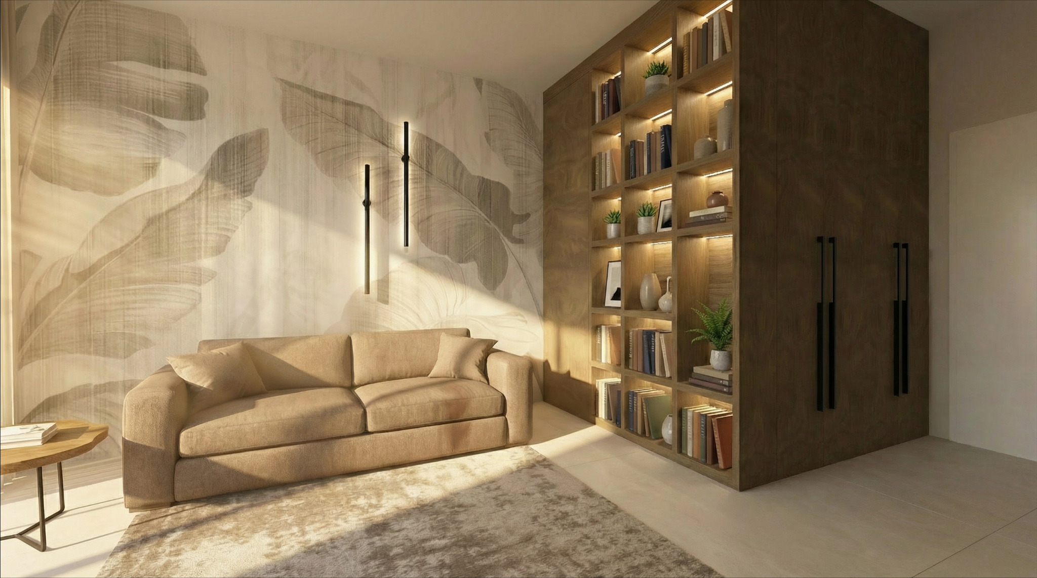 Beżowa sofa na tle ściany z motywem liści i podświetlanych lamp. Obok regał z książkami i dekoracjami, wbudowany w ciemną szafę. Nowoczesny salon.
