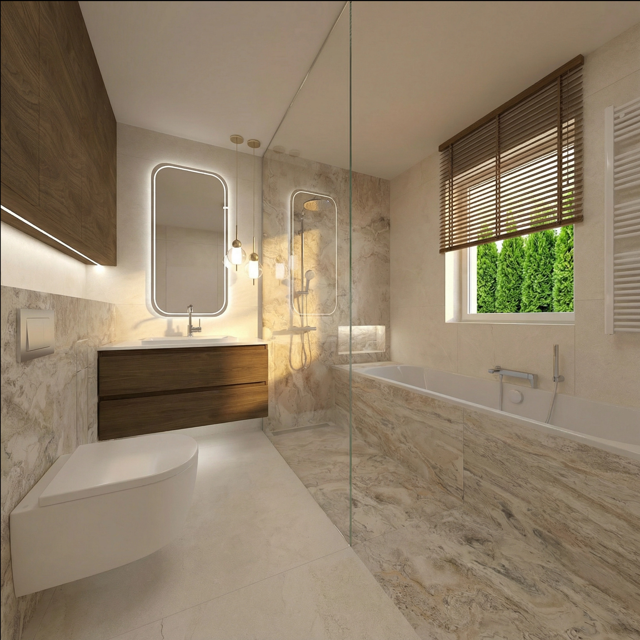 Elegancka łazienka z marmurowymi płytkami, podświetlanym lustrem i drewnianymi szafkami. Kabina prysznicowa oddzielona szklaną ścianką. Widok na zieleń za oknem.