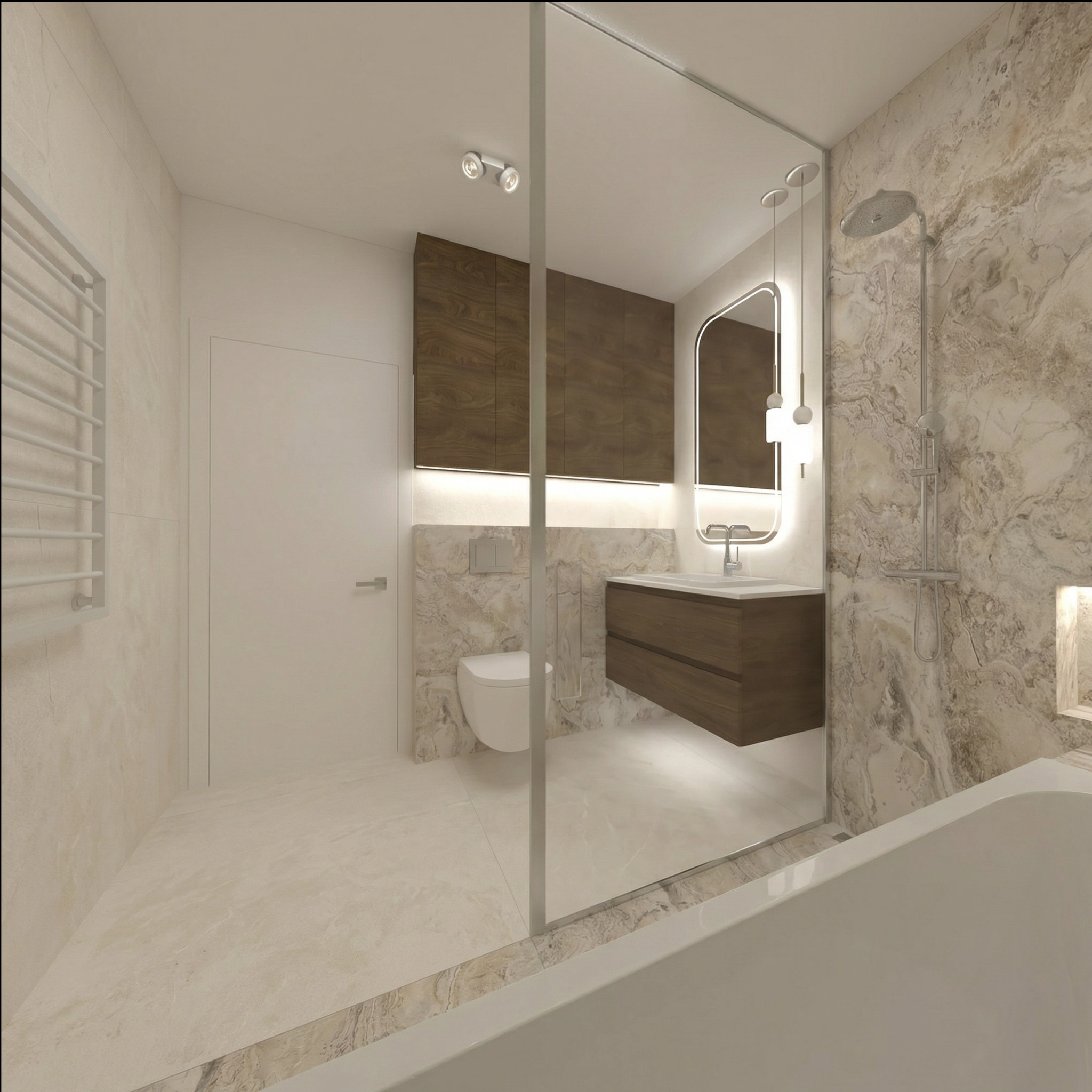 Nowoczesna łazienka z marmurowymi płytkami, drewnianą szafką pod umywalką i podświetlanym lustrem. Kabina prysznicowa ze szklaną ścianką. Minimalistyczny design.