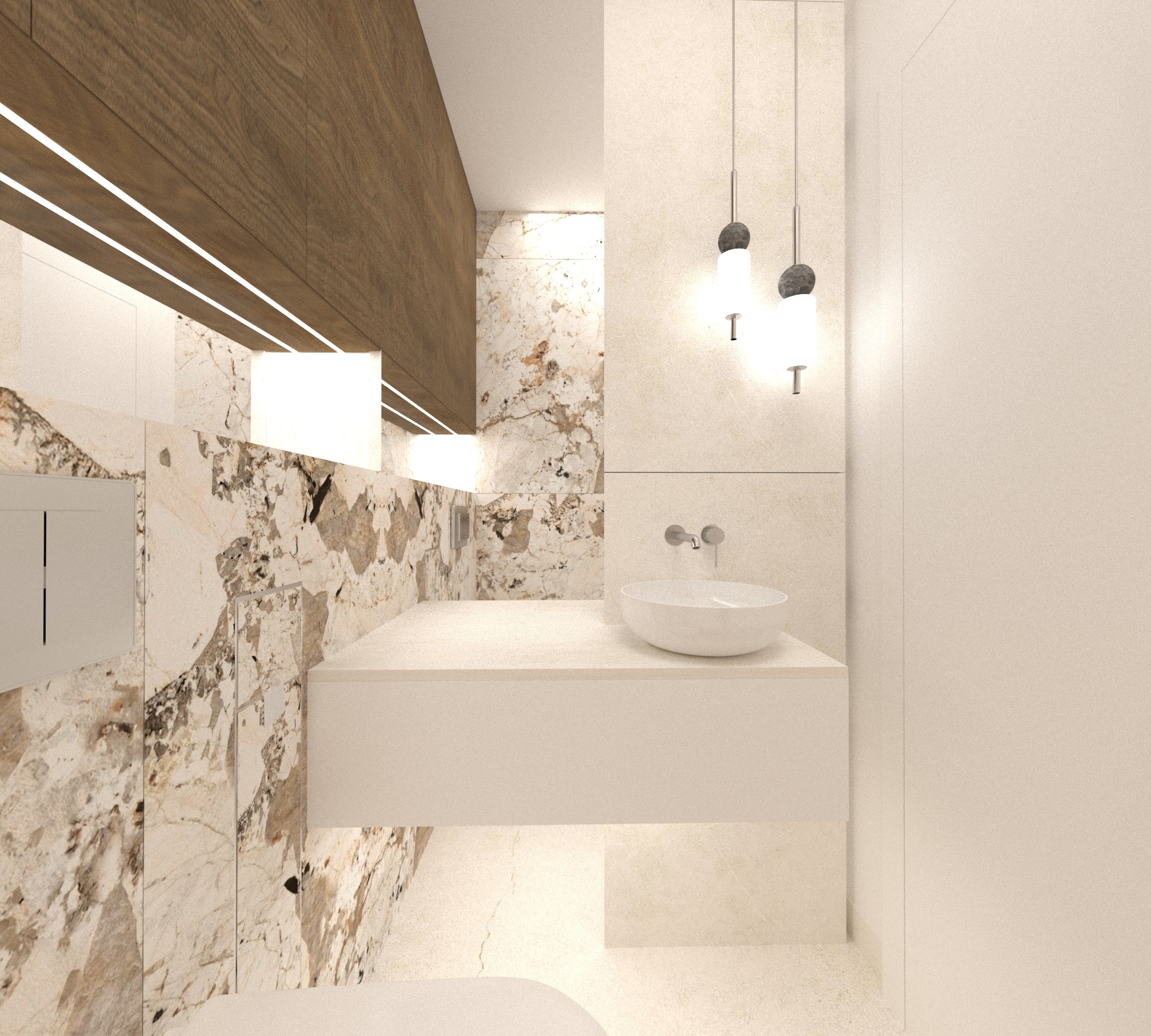 Elegancka łazienka z marmurowymi ścianami, podwieszaną umywalką i nowoczesnym oświetleniem. Drewniany panel z ledami dodaje ciepła wnętrzu.