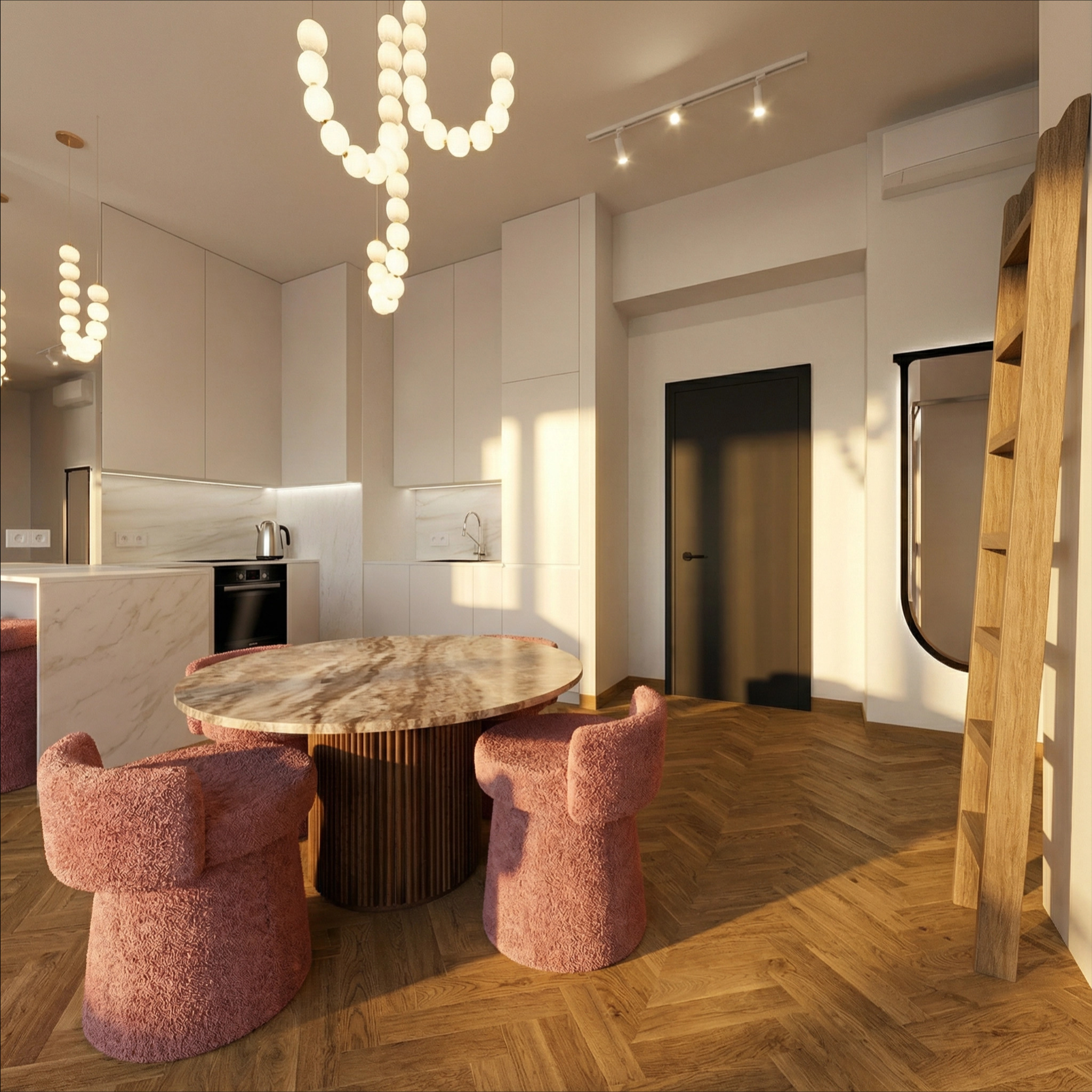 Nowoczesna kuchnia z okrągłym stołem z marmurowym blatem i różowymi krzesłami typu teddy bear. Na podłodze parkiet ułożony w jodełkę. Całość oświetlona dekoracyjnymi lampami.