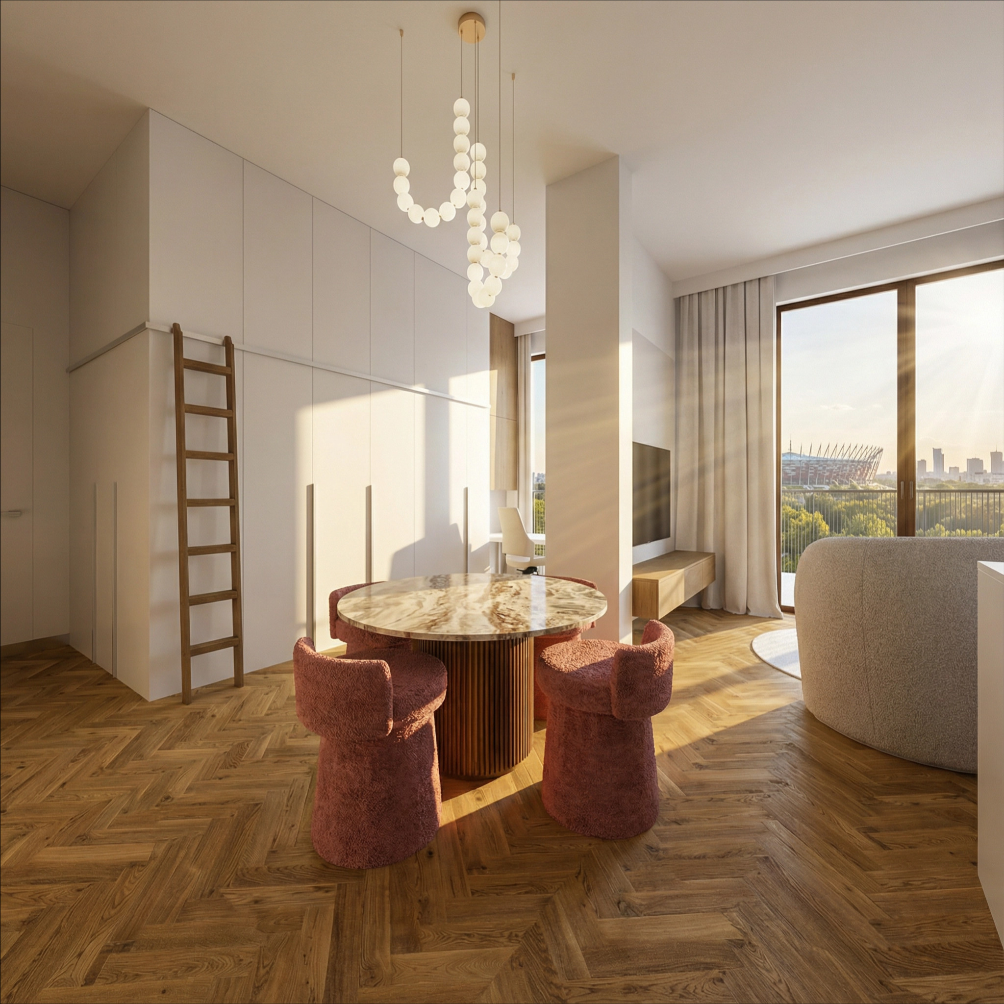 Jasne wnętrze z parkietem w jodełkę, okrągłym stołem z marmurowym blatem i oryginalnym oświetleniem. W tle widok na miasto i Stadion Narodowy.