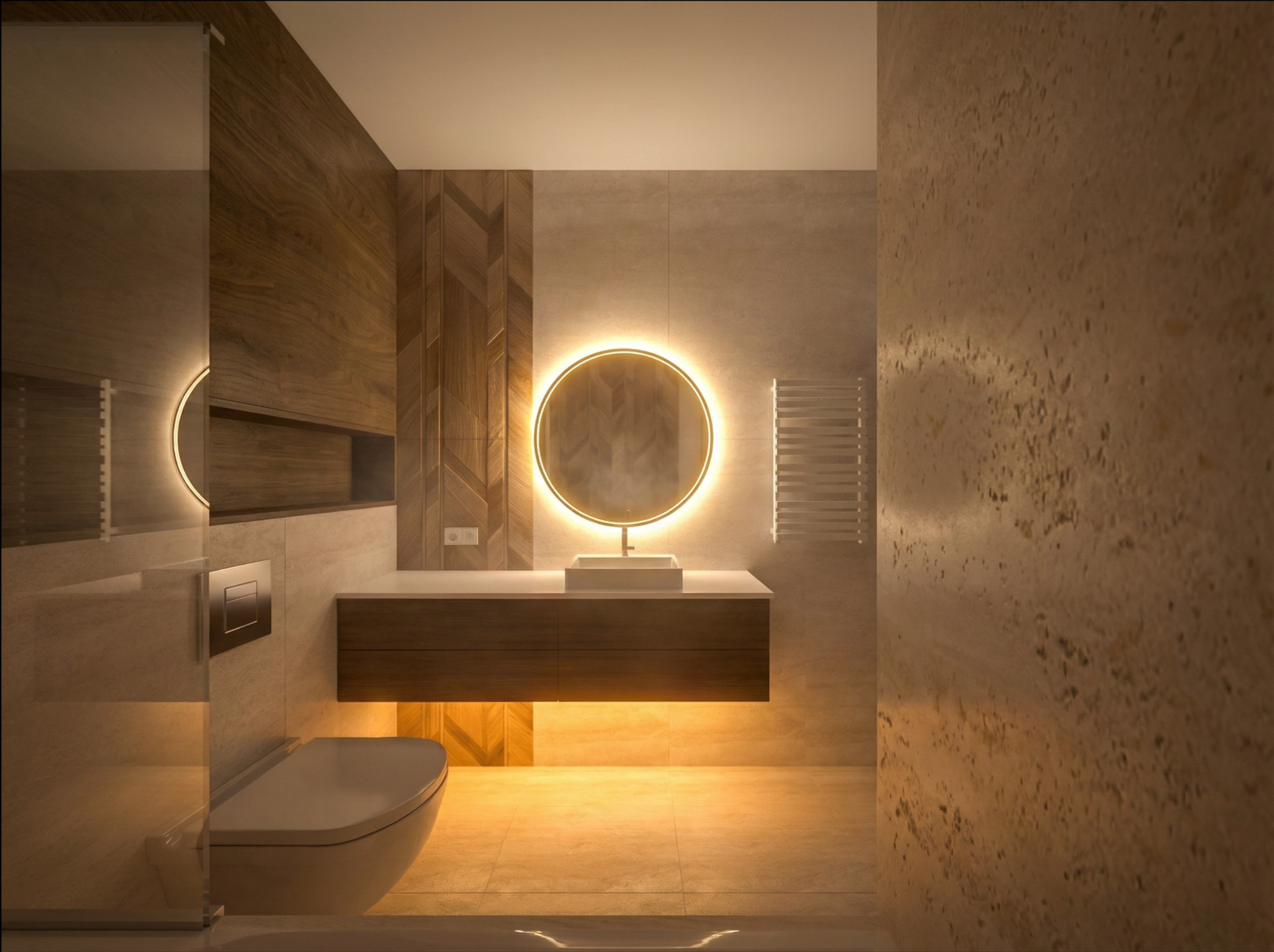 Nowoczesna łazienka z podświetlanym lustrem, drewnianymi akcentami i beżowymi płytkami. Umywalka nablatowa i wisząca toaleta tworzą spójną całość.