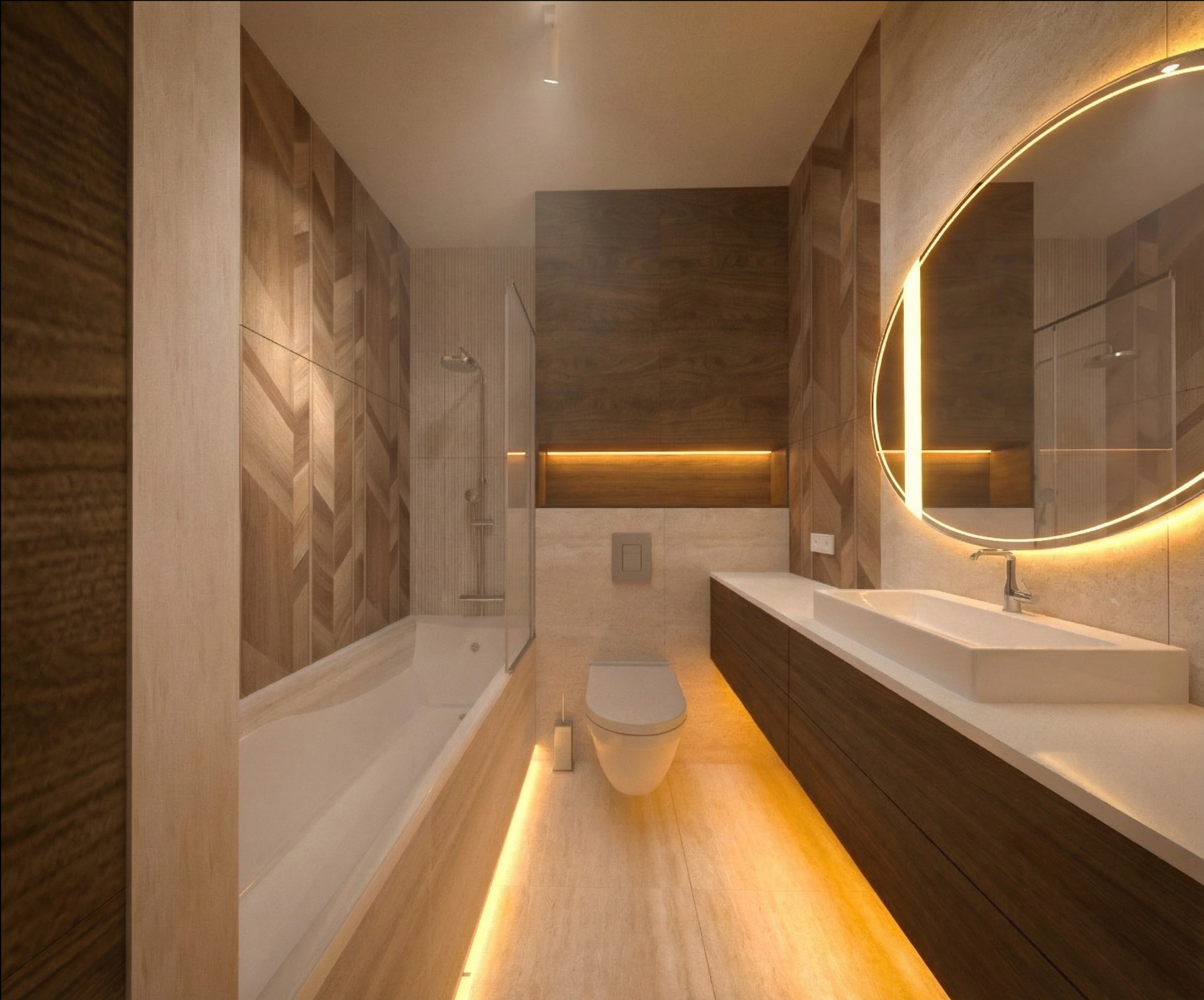Nowoczesna łazienka z drewnianymi akcentami: geometryczne płytki, podświetlane lustro i wanna. Minimalistyczny design z ciepłym oświetleniem podłogowym.
