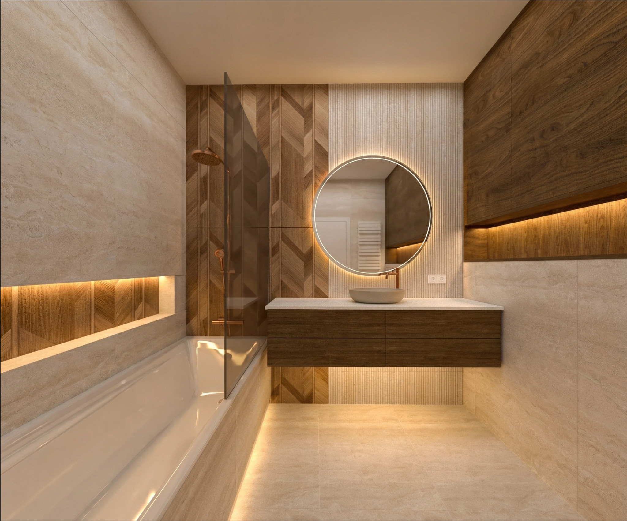 Nowoczesna łazienka z drewnianymi akcentami: mozaika w jodełkę, okrągłe lustro z podświetleniem LED, wisząca szafka z umywalką i subtelne oświetlenie pod wanną.
