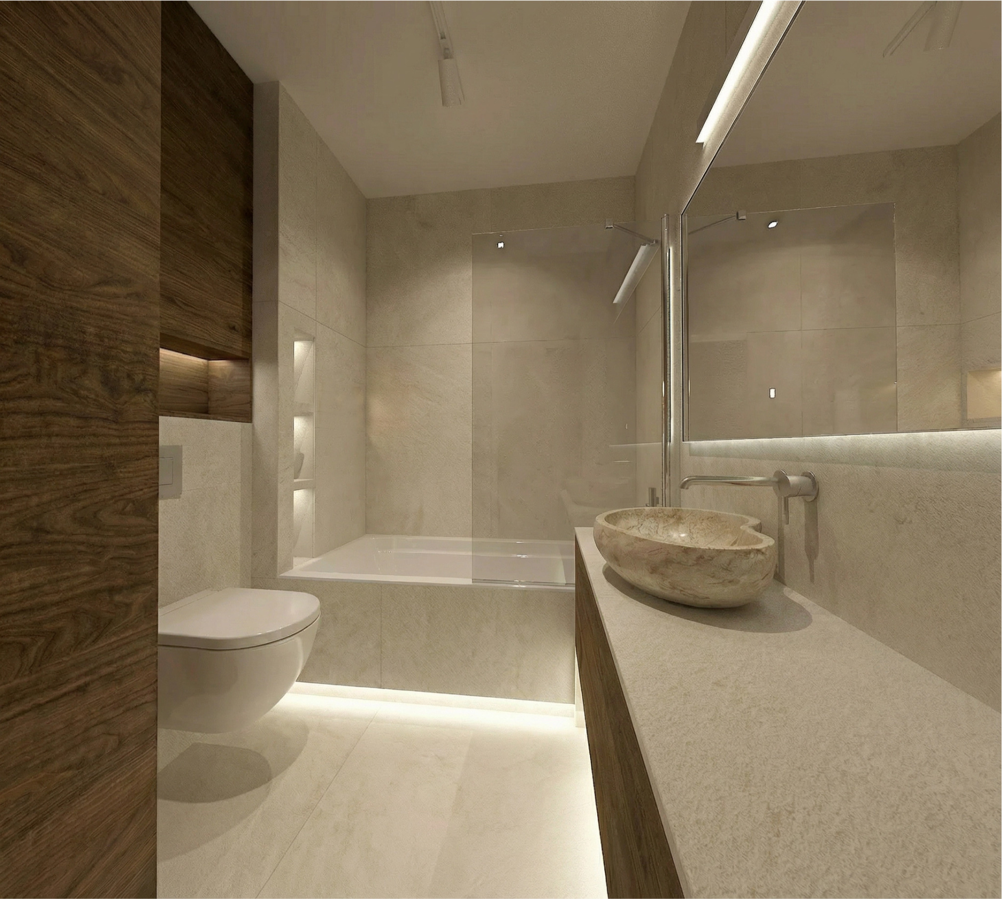 Nowoczesna łazienka z kamienną umywalką, podświetleniem LED i drewnianymi akcentami. Minimalistyczny design z wanną za szklaną ścianką.