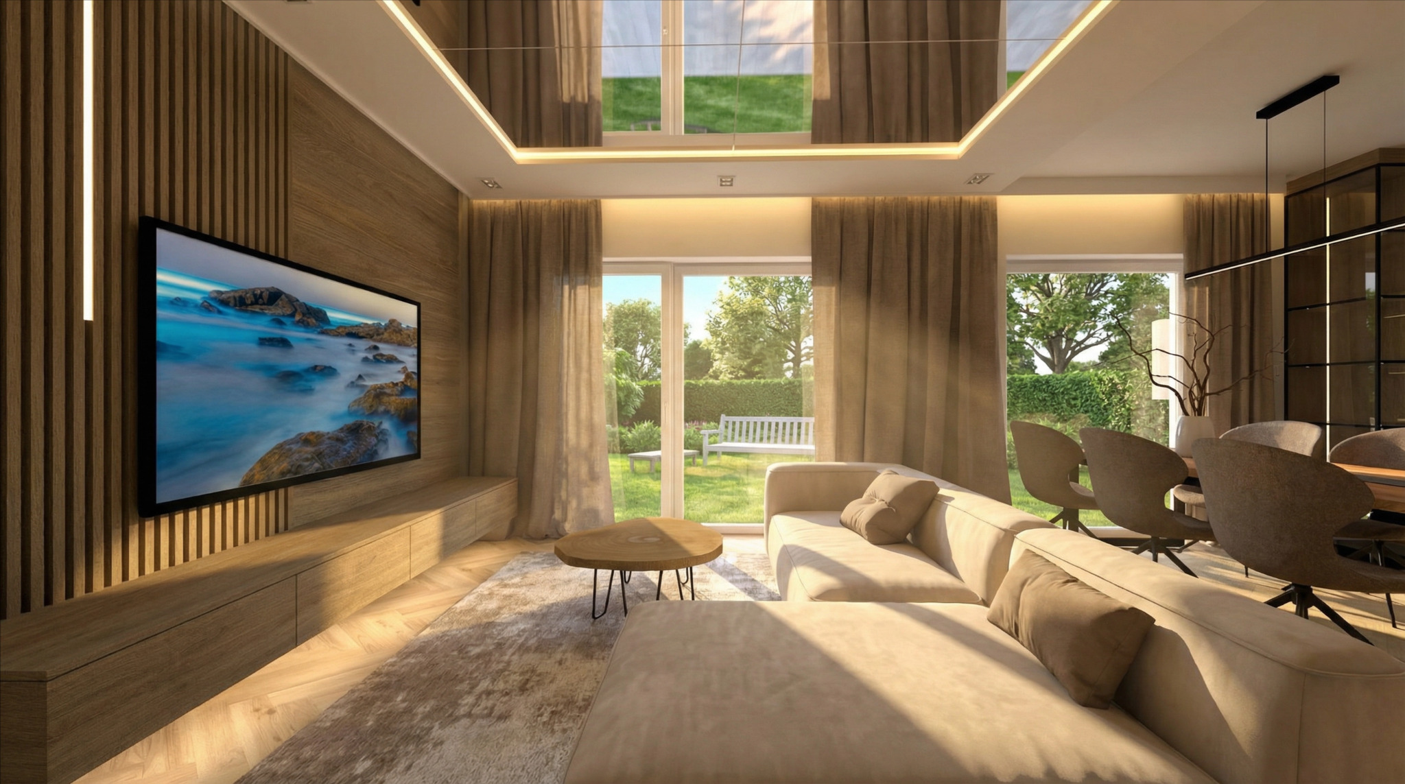 Jasny salon z drewnianą ścianą TV, beżową sofą i widokiem na ogród przez okno. Lustrzany sufit odbija zieleń. Nowoczesne oświetlenie podkreśla przestrzeń.