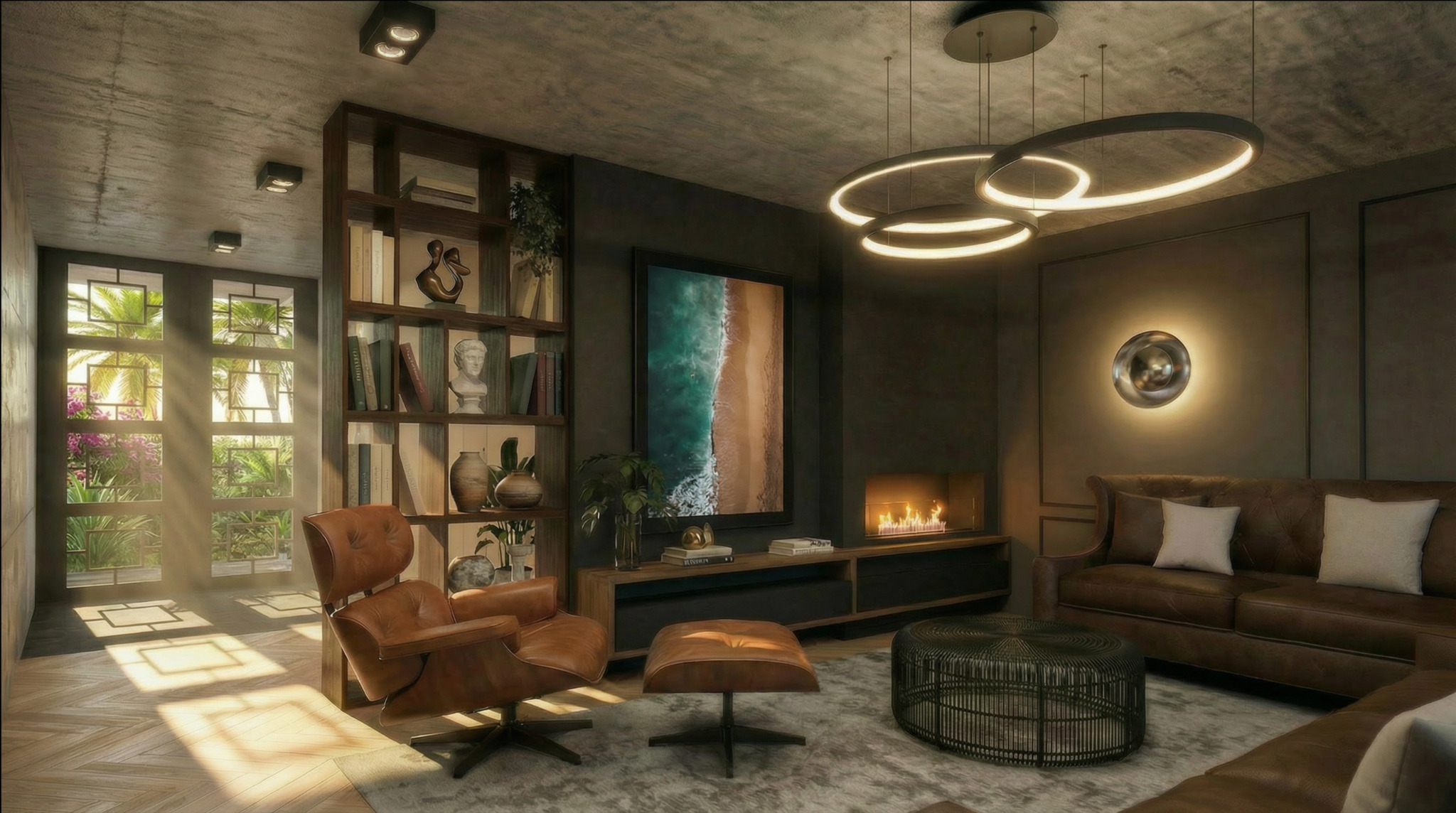 Stylowy salon z brązową skórzaną sofą, fotelem i pufą. Na ścianie obraz z motywem morskim i okrągła lampa. Oświetlenie sufitowe w kształcie pierścieni. Widok na zieleń za oknem.