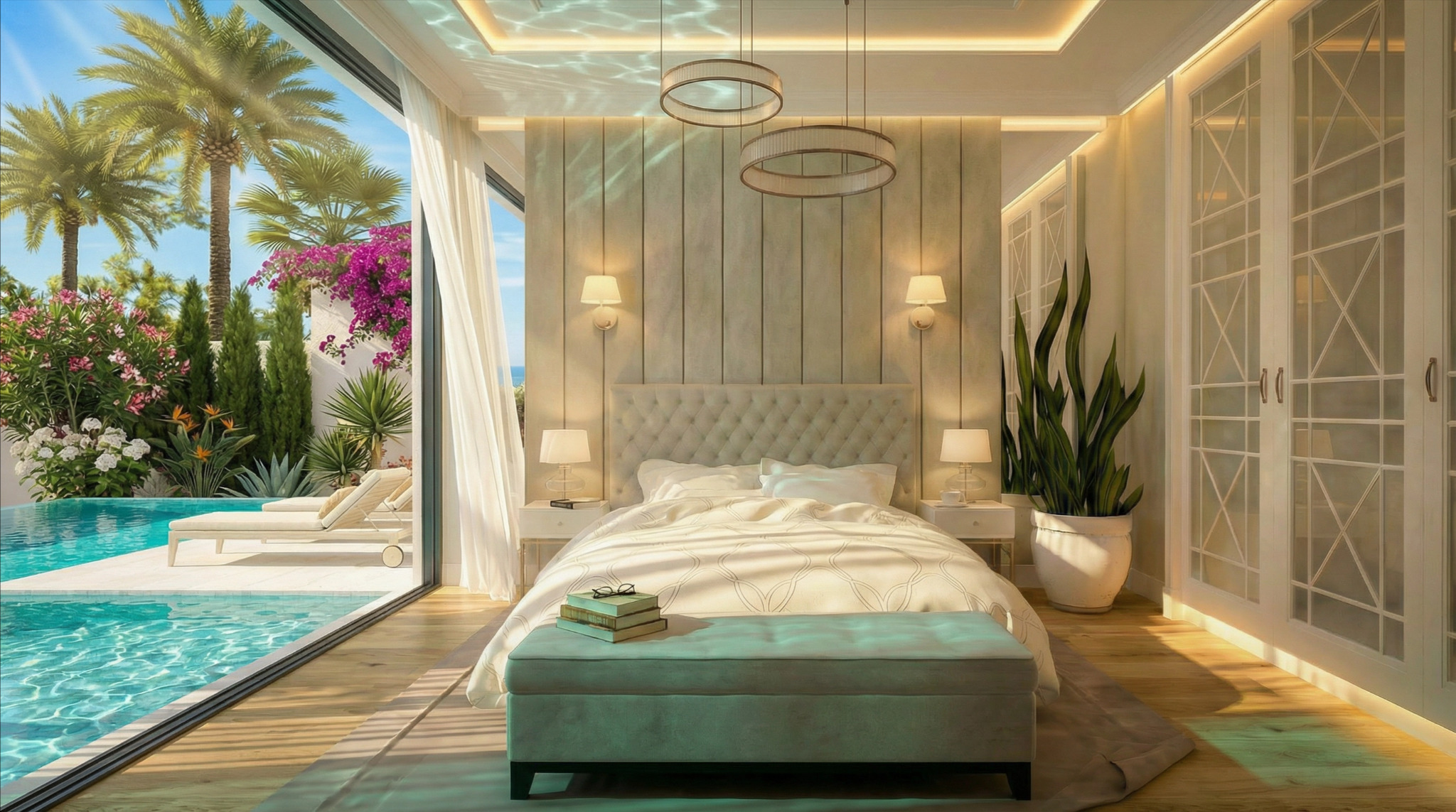 Jasna sypialnia z widokiem na basen i tropikalny ogród przez duże okno. Wnętrze w odcieniach beżu i bieli, z łóżkiem, szafą i rośliną doniczkową. Dwa okrągłe żyrandole.