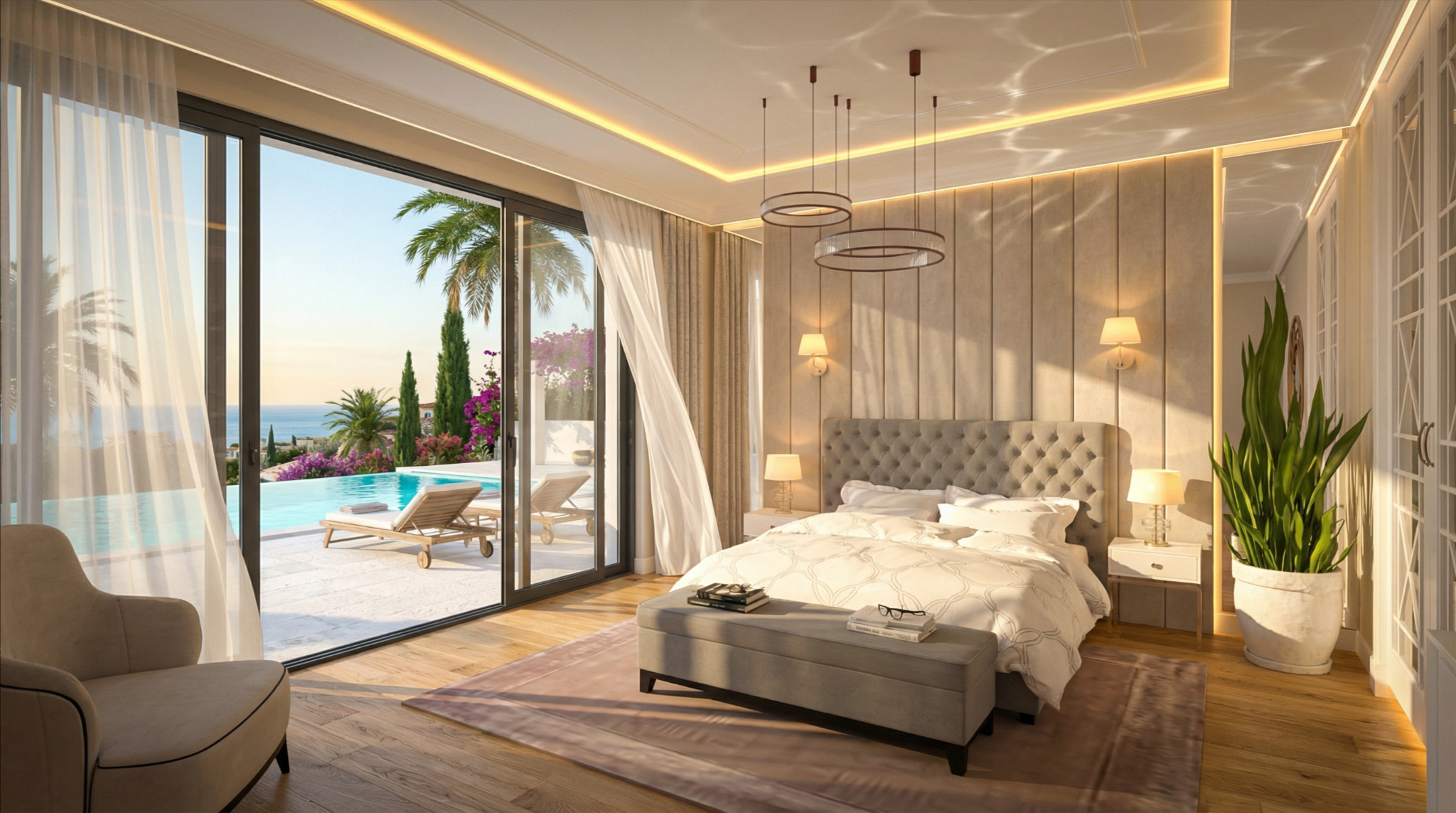 Luksusowa sypialnia z widokiem na basen i morze. Duże okno przesuwne, łóżko z pikowanym zagłówkiem, designerskie lampy wiszące. Stonowana kolorystyka, elegancki wystrój.