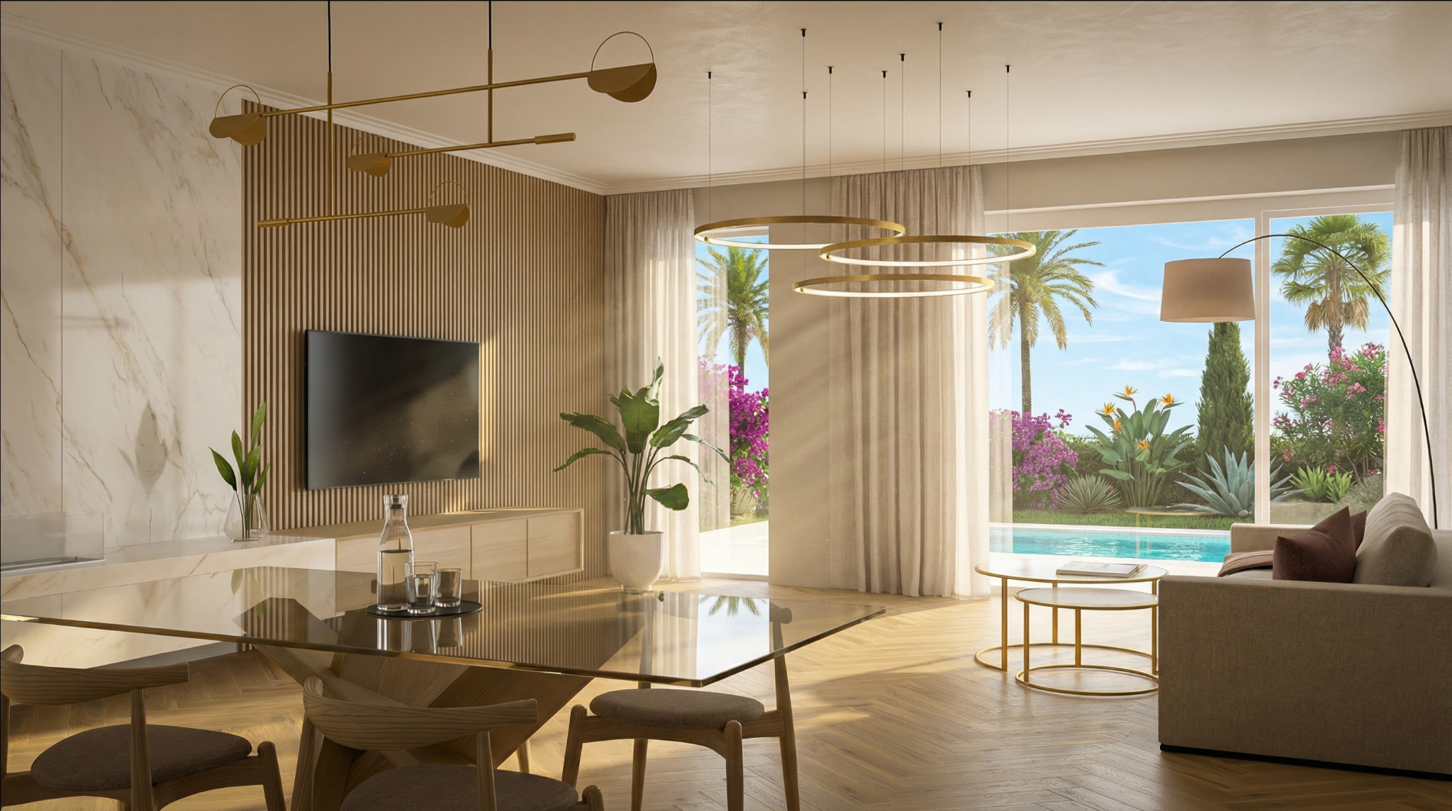 Jasne wnętrze z widokiem na basen: salon z drewnianą ścianą, szklanym stołem i złotymi lampami. Za oknem egzotyczna roślinność i błękitna woda.