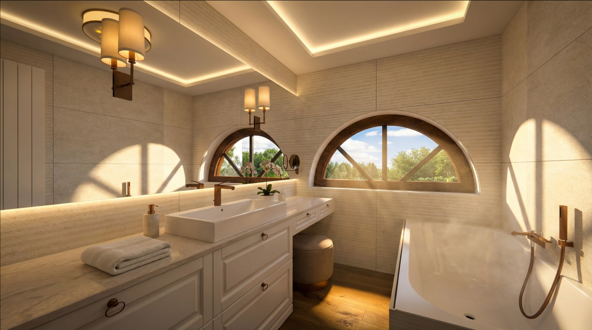 Jasna łazienka z oknami w kształcie łuku, białą armaturą i drewnianymi akcentami. Ciepłe światło podkreśla elegancję wnętrza.