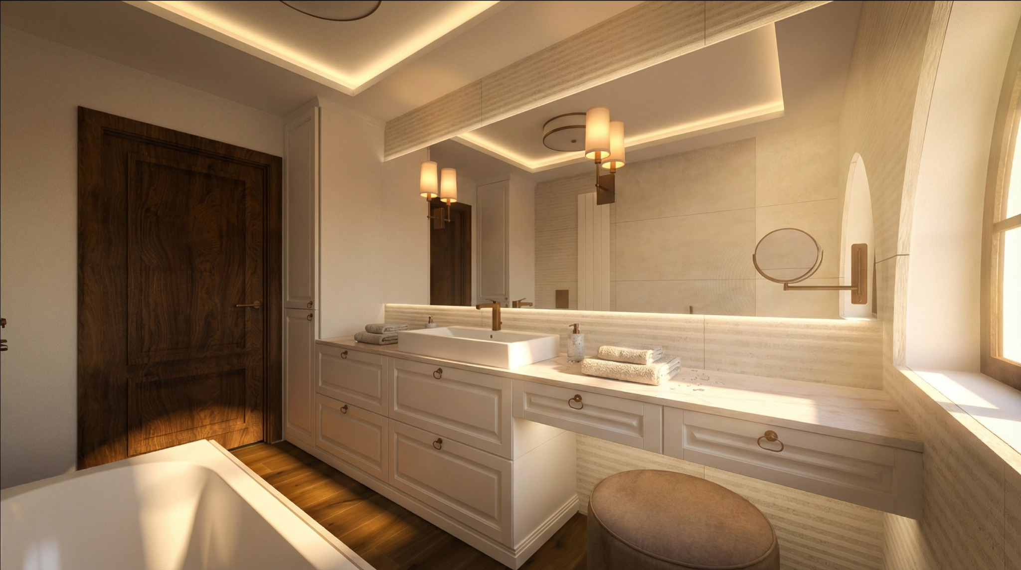 Elegancka łazienka w ciepłych barwach: białe meble z frezowanymi frontami, lustro z oświetleniem LED, okrągłe lustro do makijażu i drewniane drzwi w tle.