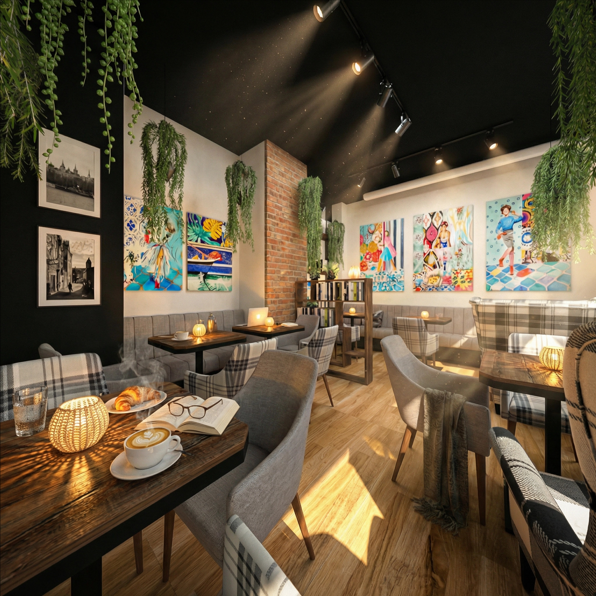 Kawiarnia w stylu art deco: drewniane stoliki, pluszowe krzesła w kratę, artystyczne obrazy na ścianach i wiszące rośliny. Przytulna atmosfera podkreślona ciepłym światłem.
