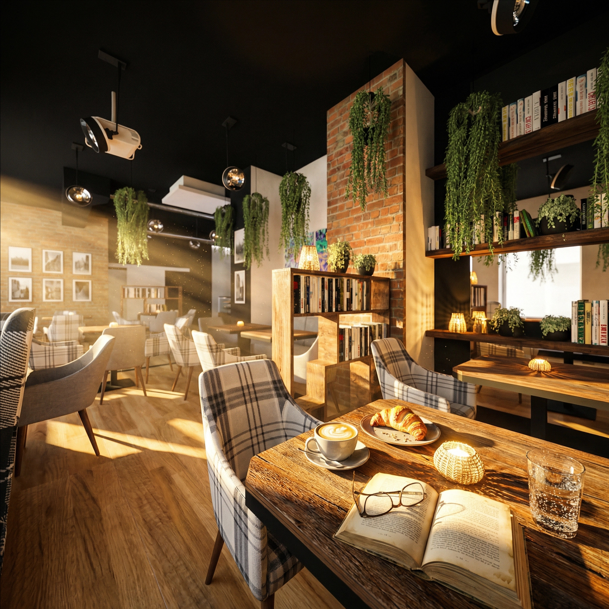 Kawiarnia w stylu loft z ceglaną ścianą, roślinami wiszącymi, drewnianymi stolikami i krzesłami w kratę. Na stole kawa, croissant, książka i szklanka wody w promieniach słońca.