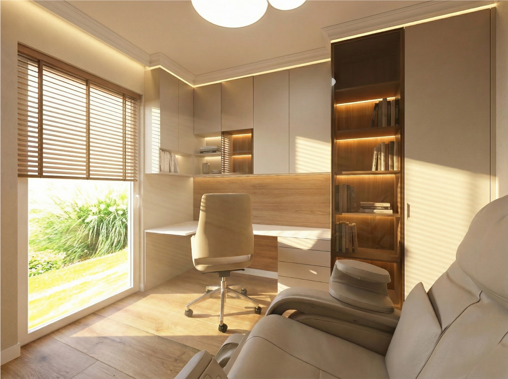 Jasne biuro z biurkiem, krzesłem i regałem z podświetleniem. Duże okno z żaluzjami wpuszcza światło. Fotel do masażu w rogu. Minimalistyczny design.