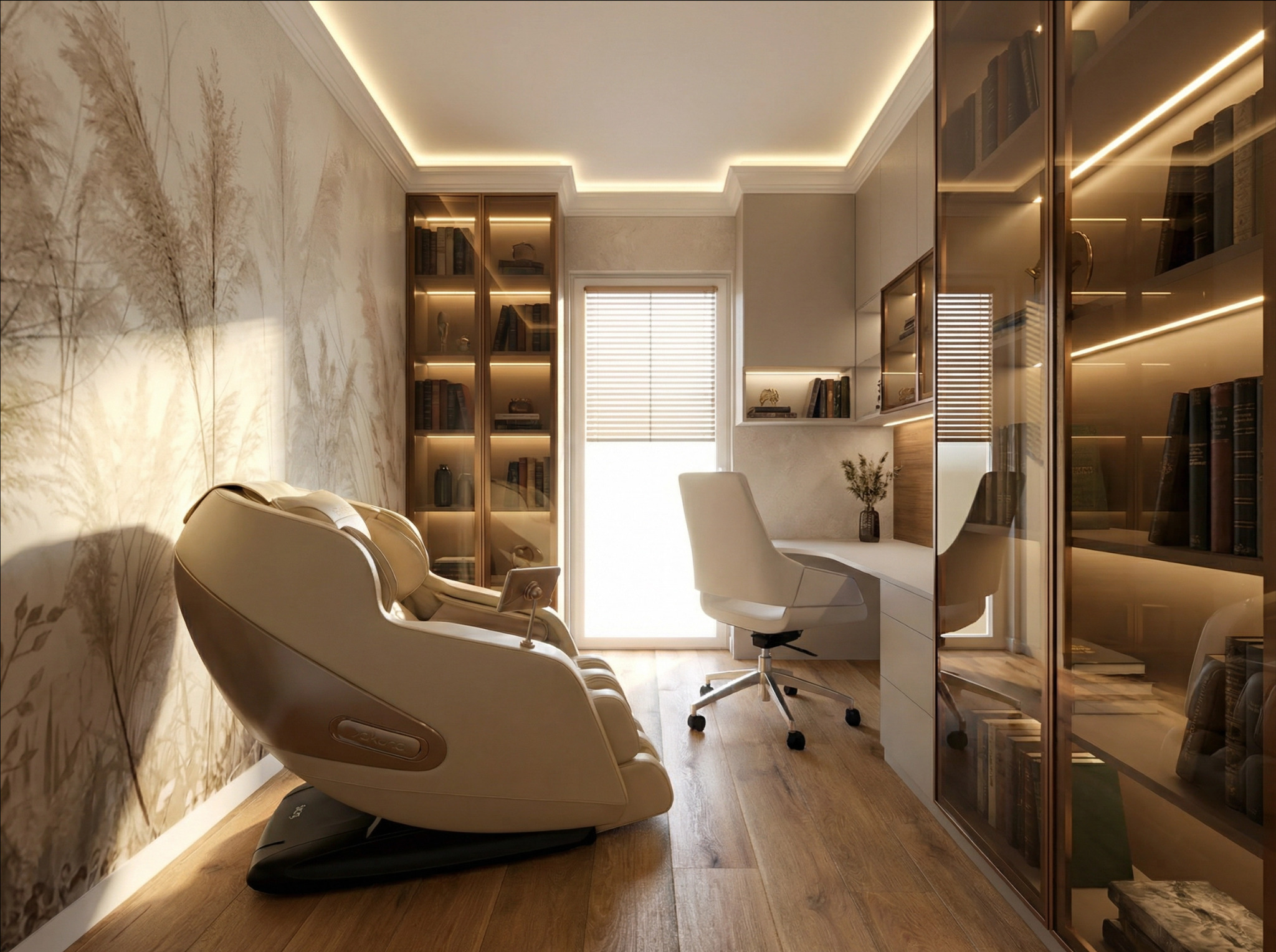 Jasne biuro z fototapetą w trawy, beżowym fotelem masującym, biurkiem i regałem z podświetleniem LED. Nowoczesny design z drewnianą podłogą.