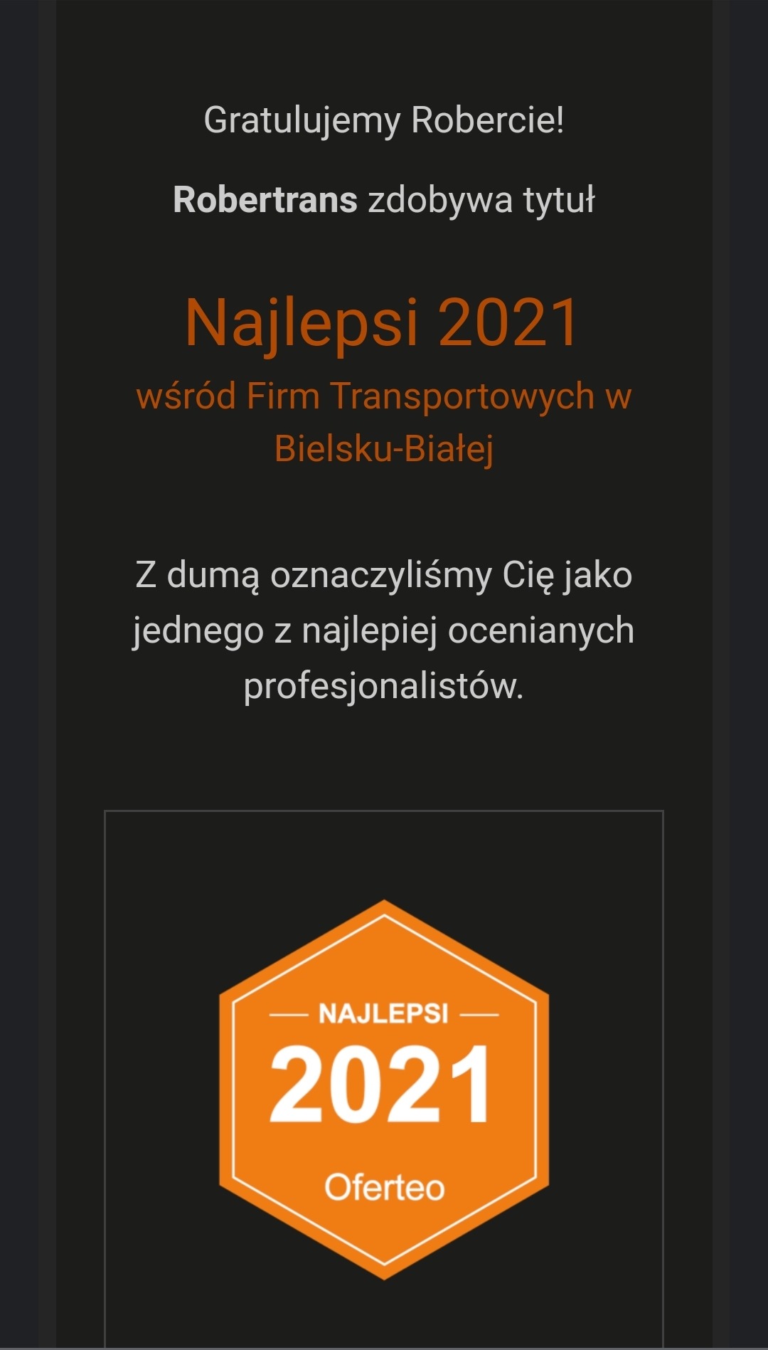 Nagroda Oferteo dla firmy Robertrans: Najlepsi 2021 wśród Firm Transportowych w Bielsku-Białej.