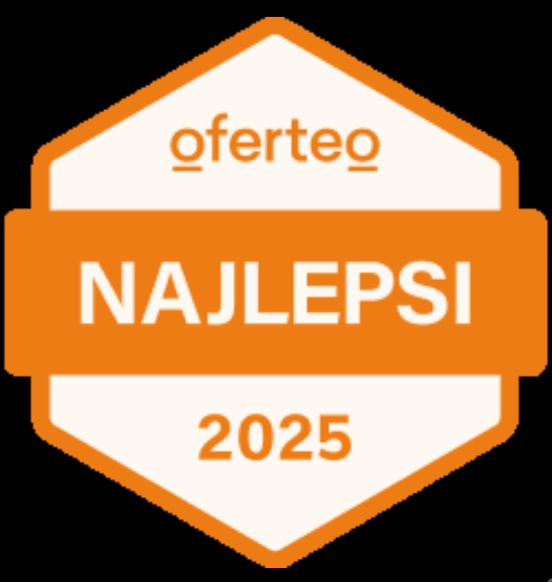 Pomarańczowa odznaka Oferteo 'Najlepsi 2025' na czarnym tle. Grafika symbolizuje wysoką jakość usług i zaufanie w roku 2025.