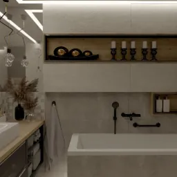 Nowoczesna łazienka z wanną, umywalką nablatową, czarną armaturą i dekoracyjnymi półkami z oświetleniem LED.