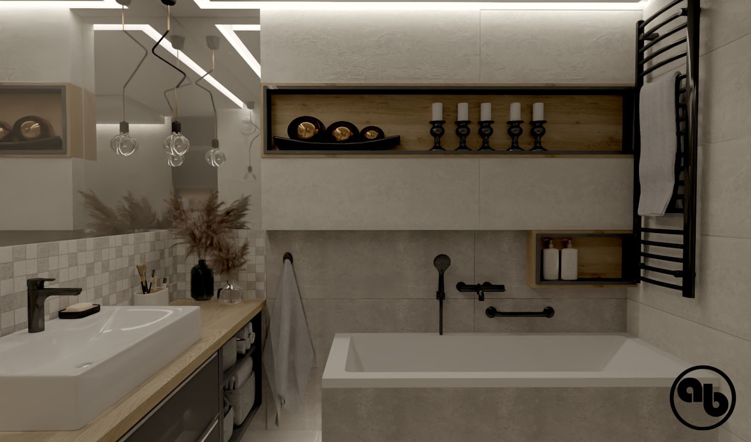 Nowoczesna łazienka z wanną, umywalką nablatową, czarną armaturą i dekoracyjnymi półkami z oświetleniem LED.