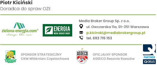 Wizytówka Piotra Kicińskiego, doradcy do spraw OZE, z logotypami zielona-energia.com, Energia Media Broker Group, CKM Włókniarz Częstochowa, Asseco Resovia Rzeszów i QCells.