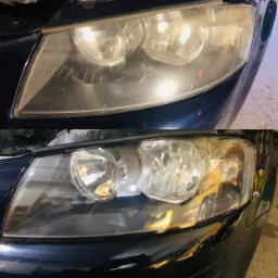 Reflektor samochodowy przed i po czyszczeniu, widoczna poprawa przejrzystości szkła.