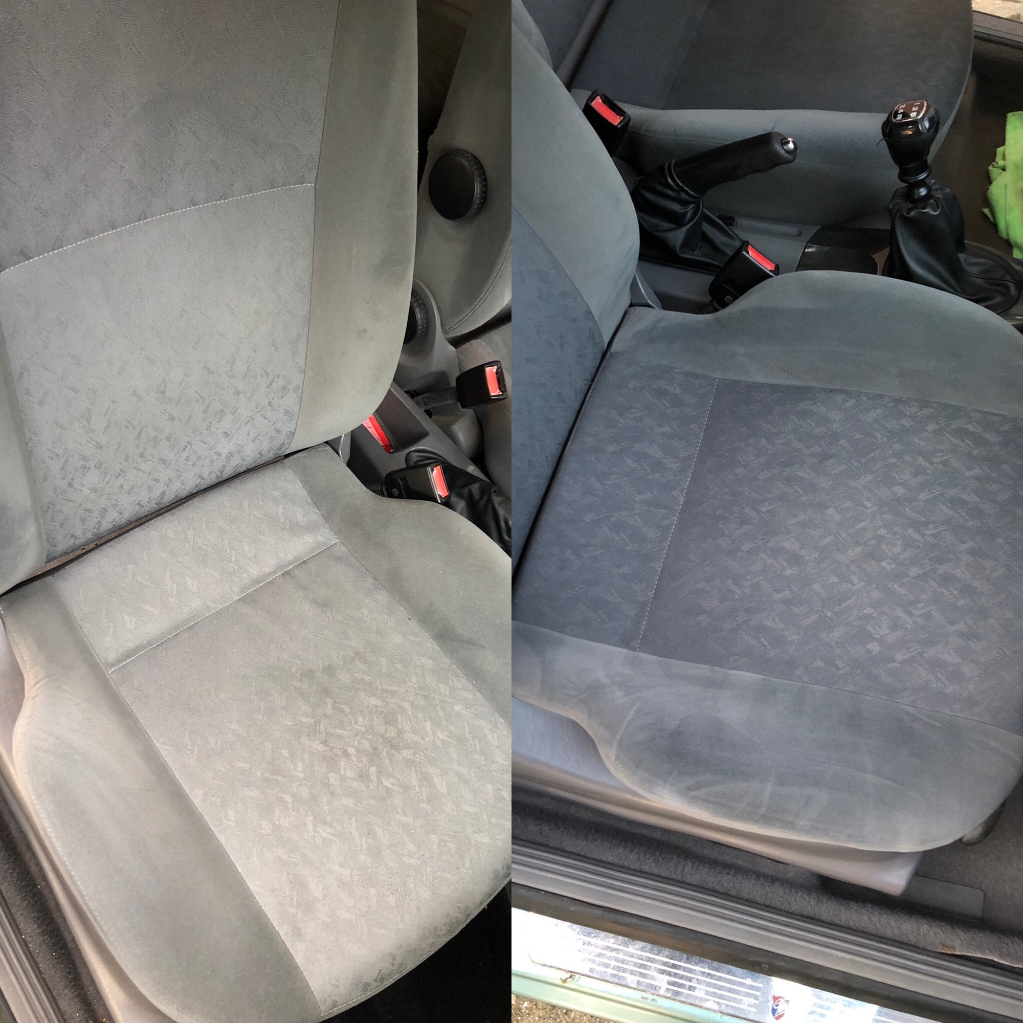 Porównanie: Jasnoszary fotel samochodowy z tapicerką w geometryczny wzór - po lewej stronie zabrudzony, po prawej świeżo wyprany, z widoczną różnicą w odcieniu i czystości.