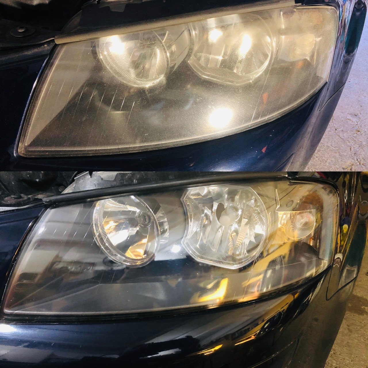 Reflektor samochodowy przed i po czyszczeniu, widoczna poprawa przejrzystości szkła.