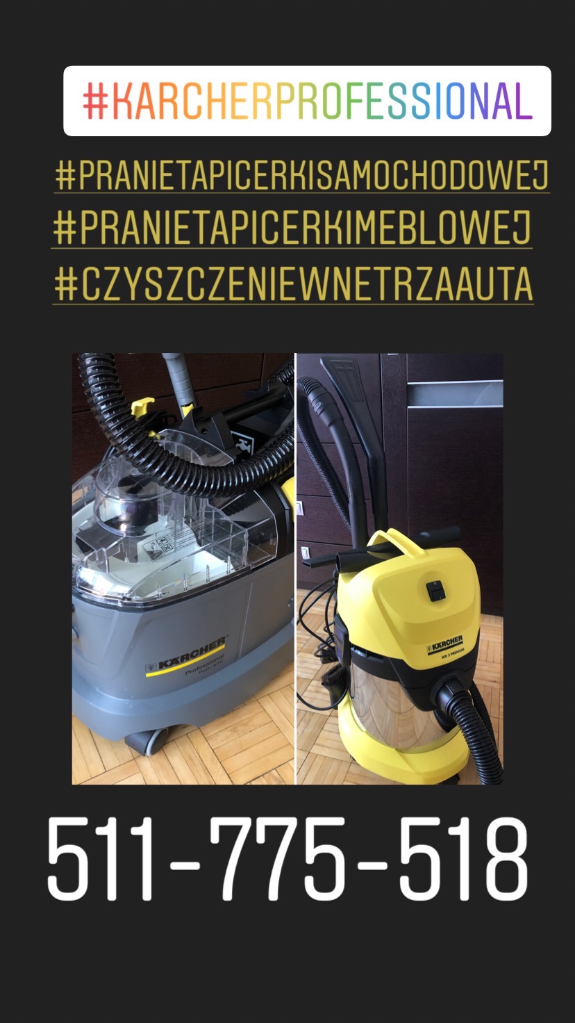 Dwa urządzenia Karcher do czyszczenia tapicerki: szary Puzzi 8/1 C i żółty WD 3 Premium, na podłodze z parkietu, z widocznym numerem telefonu i hasztagami reklamowymi.