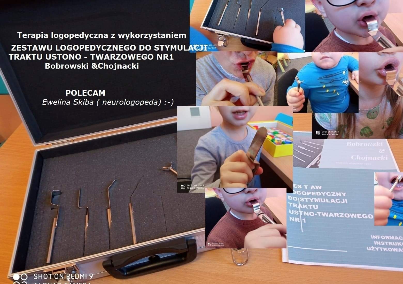 Zestaw narzędzi logopedycznych w metalowej walizce, zbliżenia dzieci podczas terapii oraz podręcznik do stymulacji traktu ustno-twarzowego.