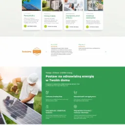 Strona internetowa firmy Ecology Partners z ofertą fotowoltaiki, pomp ciepła i inteligentnego domu, z hasłem 'Razem budujemy zieloną przyszłość' i informacją o dofinansowaniu Mój Prąd 5.0...