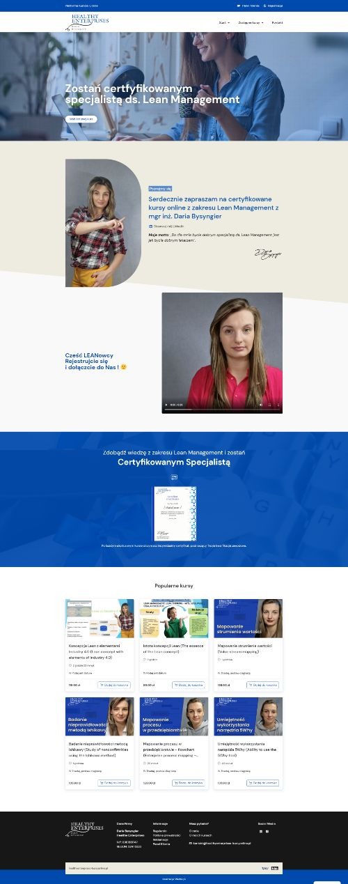 Strona internetowa z ofertą certyfikowanych kursów online z zakresu Lean Management, prezentująca sylwetki instruktorów i popularne kursy.