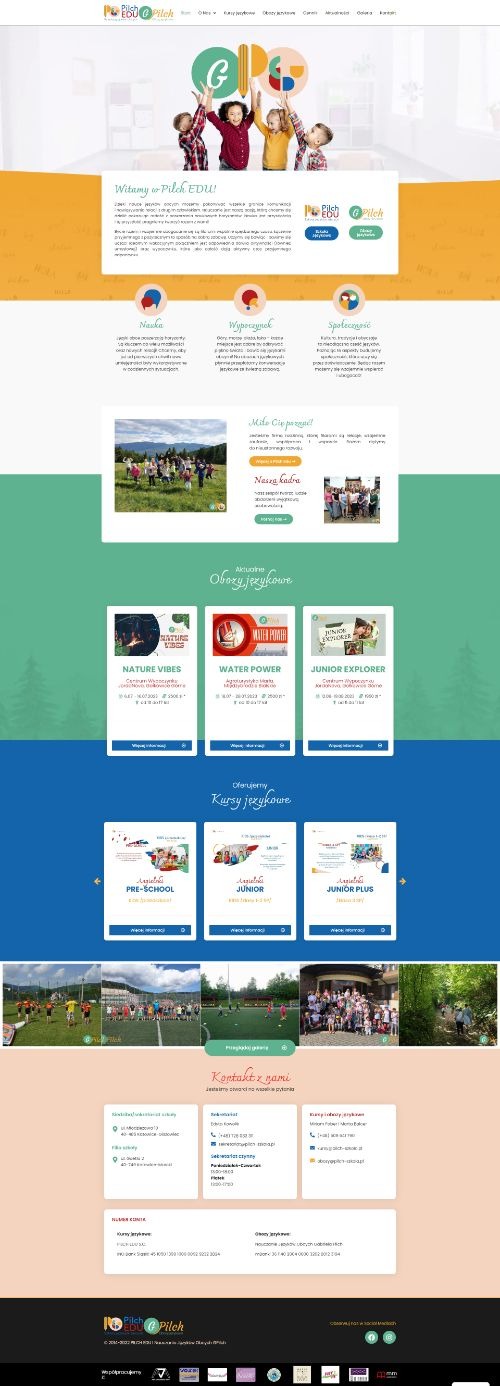 Strona internetowa szkoły językowej Pilch EDU z kolorową grafiką, zdjęciami dzieci i ofertą kursów językowych.