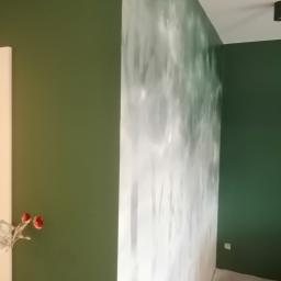 Usługi ogólno budowlane Sławomir gorzka. - Wnętrze pokoju z pomalowanymi na zielono ścianami oraz dekoracyjną ścianą z efektem rozmytego lasu w odcieniach szarości i bieli; widoczna instalacja elektryczna bez osprzętu.