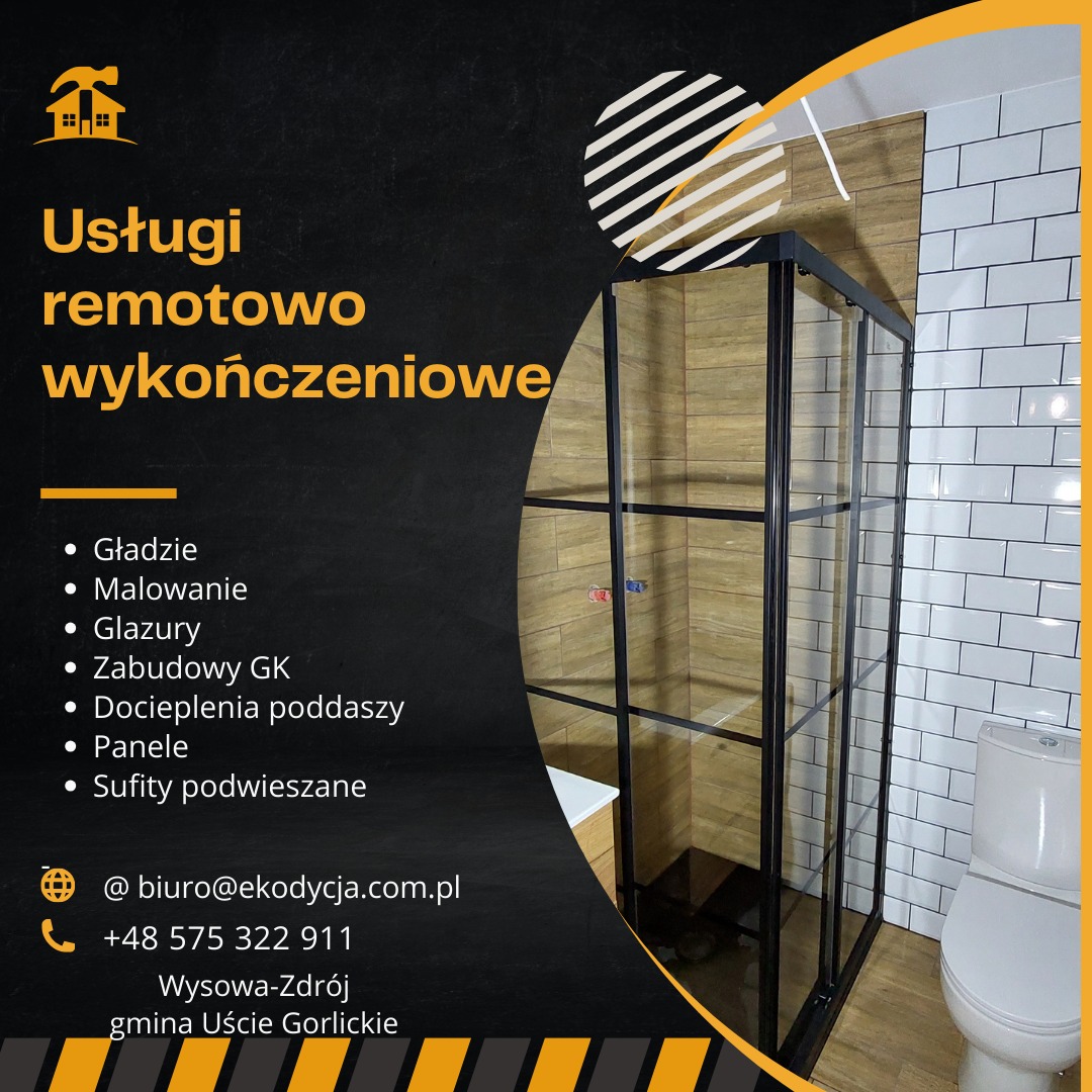 Grafika reklamowa usług remontowo-wykończeniowych z kabiną prysznicową w czarnej ramie, białymi płytkami metra i drewnopodobnymi panelami na ścianie.