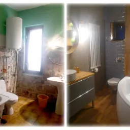Zdjęcie porównawcze łazienki przed i po remoncie: od surowych ścian z widoczną cegłą i instalacjami do nowoczesnego wnętrza z szarą glazurą, drewnianą podłogą i elementami dekoracyjnymi.