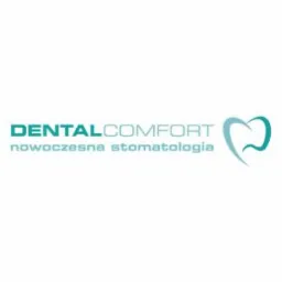 Logo firmy DentalComfort z napisem 'nowoczesna stomatologia' poniżej, stylizowane na kształt zęba w kolorze turkusowym na białym tle.