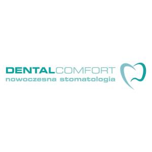 Logo firmy DentalComfort z napisem 'nowoczesna stomatologia' poniżej, stylizowane na kształt zęba w kolorze turkusowym na białym tle.