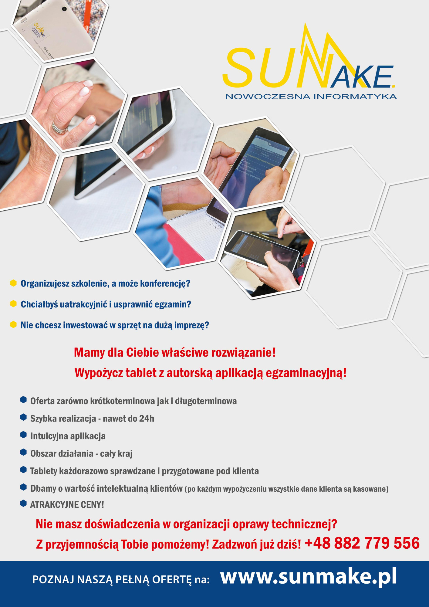 Grafika reklamowa firmy Sunake prezentująca wypożyczanie tabletów z autorską aplikacją egzaminacyjną, z fragmentami dłoni trzymających tablety wkomponowanymi w heksagonalny wzór.