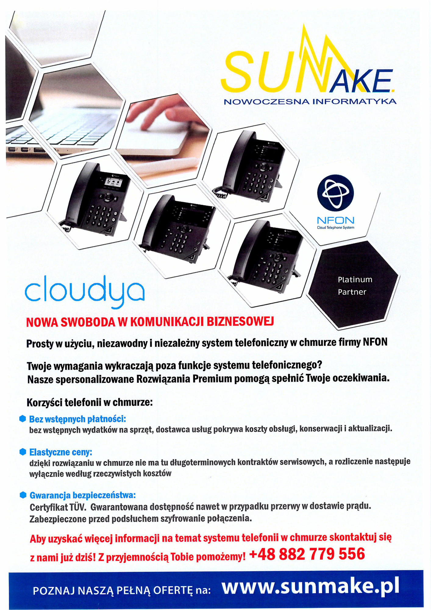 Ulotka reklamowa firmy Sunake prezentująca nowoczesny system telefoniczny w chmurze, z logo NFON, hasłem 'Nowoczesna Informatyka' i informacjami o korzyściach, takich jak brak wstępnych płatności...