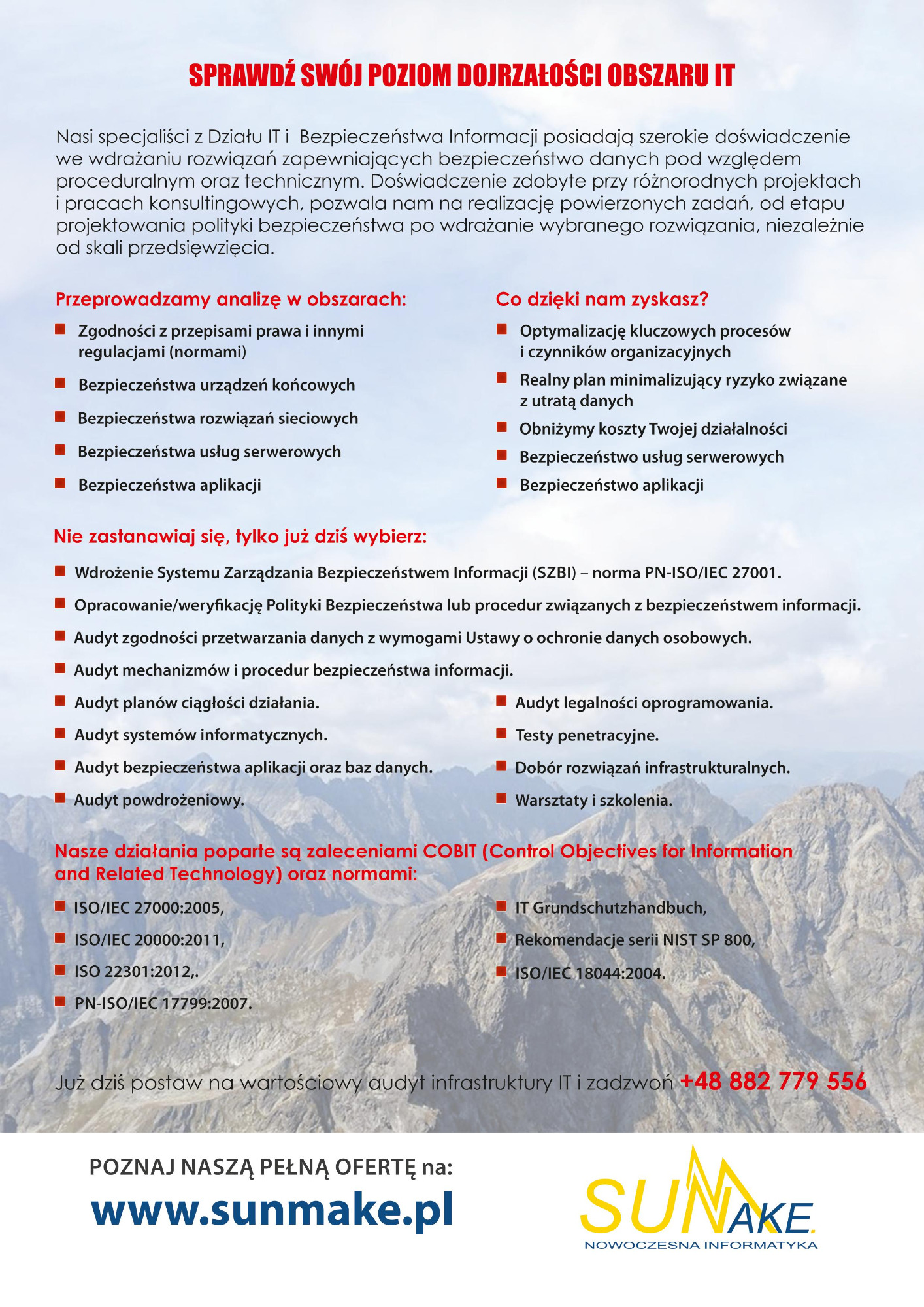 Infografika przedstawiająca ofertę firmy z Poznania w zakresie bezpieczeństwa IT, w tym audyty zgodności, wdrażanie systemów zarządzania bezpieczeństwem informacji i testy penetracyjne, z logo...