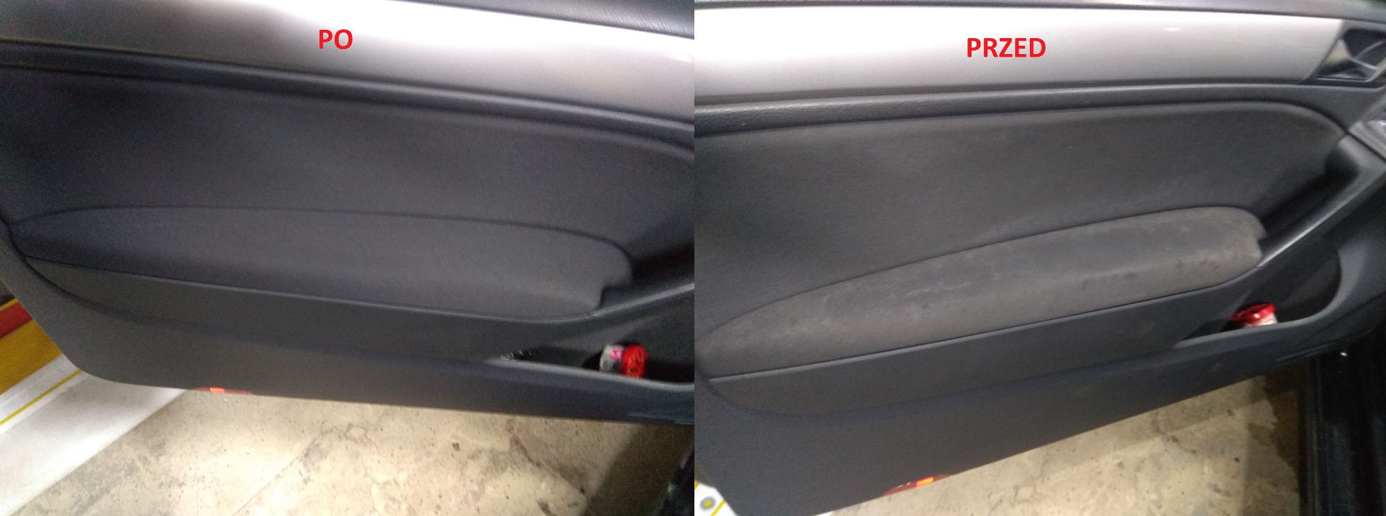 Porównanie wyglądu tapicerki samochodowej na drzwiach przed i po czyszczeniu. Lewa strona, oznaczona jako 'PO', prezentuje czystą, ciemnoszarą tapicerkę, podczas gdy prawa strona, oznaczona jako...