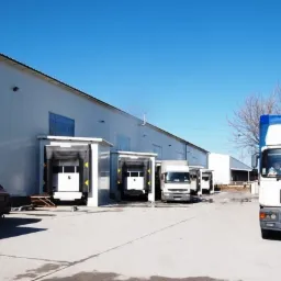 Ciężarówki dostawcze ustawione przy rampach załadunkowych magazynu w słoneczny dzień.