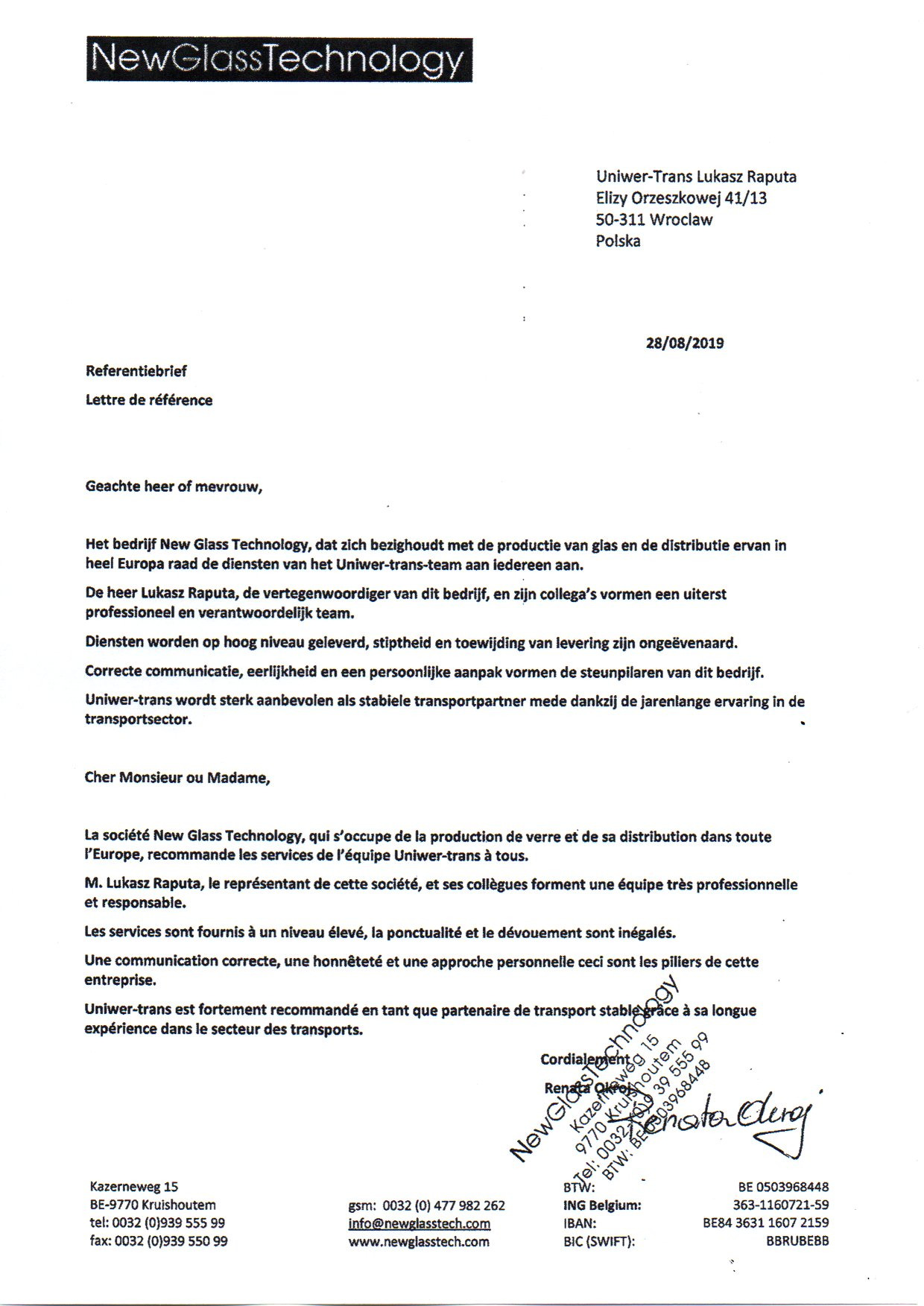 Skan referencji dla firmy Uniwer-Trans Lukasz Raputa od New Glass Technology, z datą 28.08.2019, zawierający adresy, numery telefonów i dane bankowe obu firm.