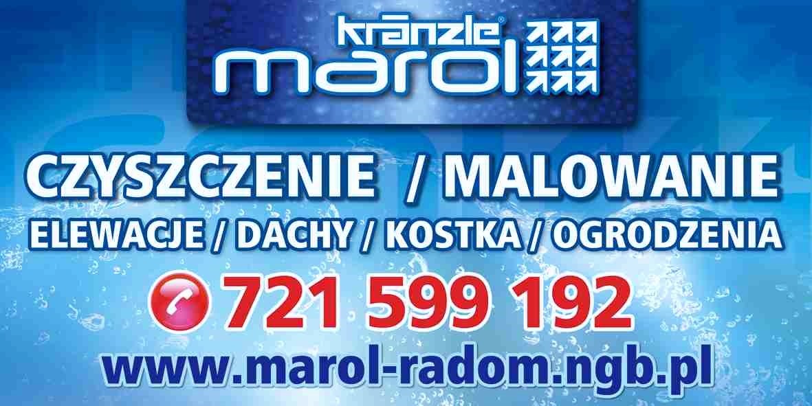Reklama firmy Marol Radom oferującej czyszczenie i malowanie elewacji, dachów, kostki brukowej i ogrodzeń, z numerem telefonu i adresem strony internetowej na tle z motywem wody.