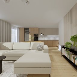 Projekt wnętrza pokoju dziennego z aneksem w domu jednorodzinnym.