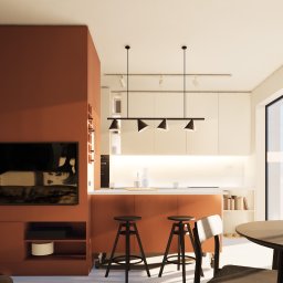 Projekt wnętrza mieszkania w Poznaniu. Pokój dzienny z aneksem kuchennym