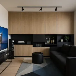 Nowoczesny salon z drewnianą zabudową, czarną sofą i telewizorem wyświetlającym Burj Al Arab w Dubaju; minimalistyczny wystrój z oświetleniem punktowym i geometrycznym dywanem.