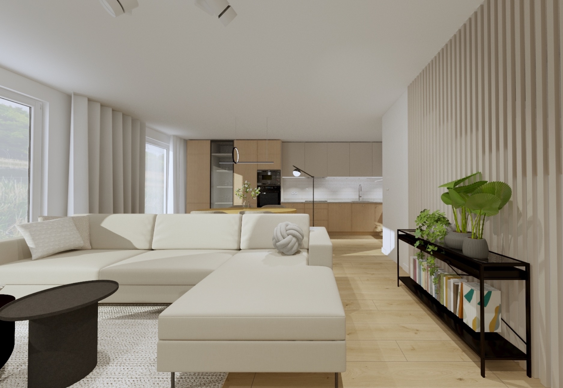 Projekt wnętrza pokoju dziennego z aneksem w domu jednorodzinnym.